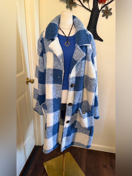 Sabrina Lauren Jackets & Blazers - Blue and White Plaid Sherpa Coat by Sabrina Lauren
